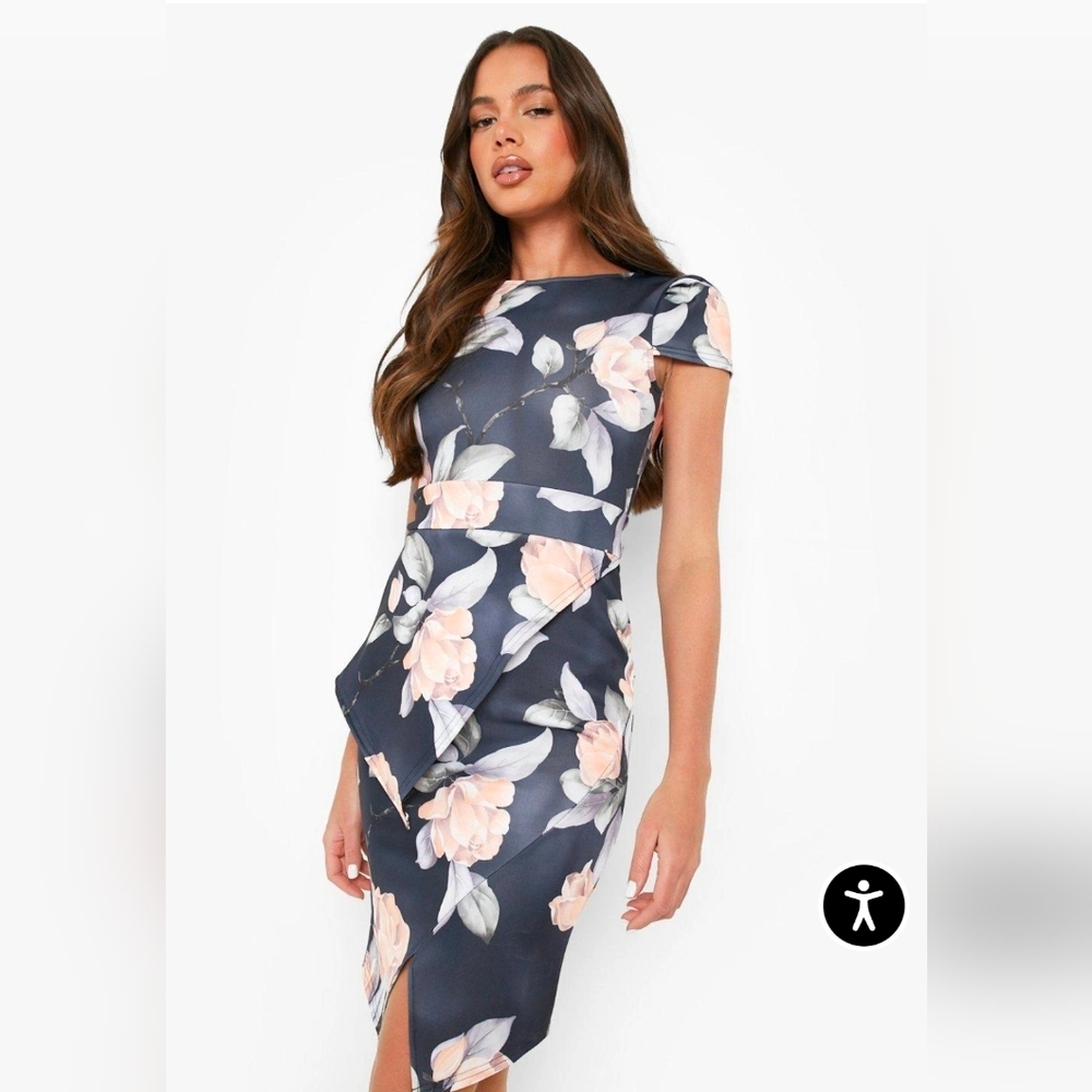 Boohoo Asymmetrical Dress in Black and Pink Floral